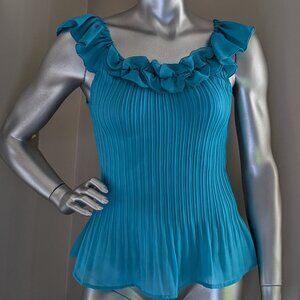 Sunny Leigh Aqua Pleated, Ruffle Neck, Sleeveless Top*